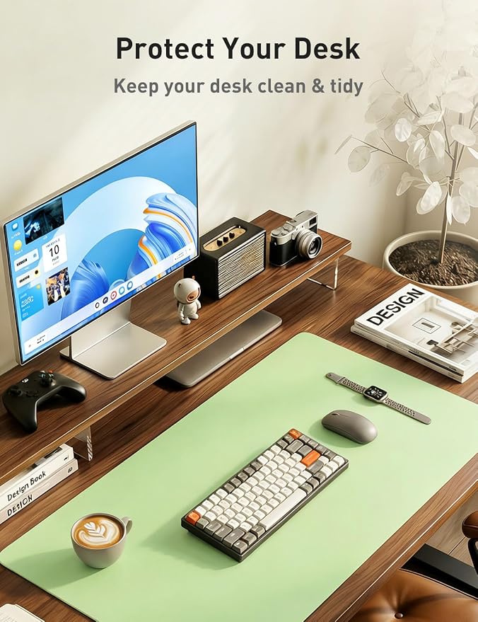 Aothia Faux Leather Desk Mat - Non-Slip PU Leather Desk Blotter, Waterproof Writing Surface, Large Desk Pad for Office & Home (Foam Green, 55" x 17")