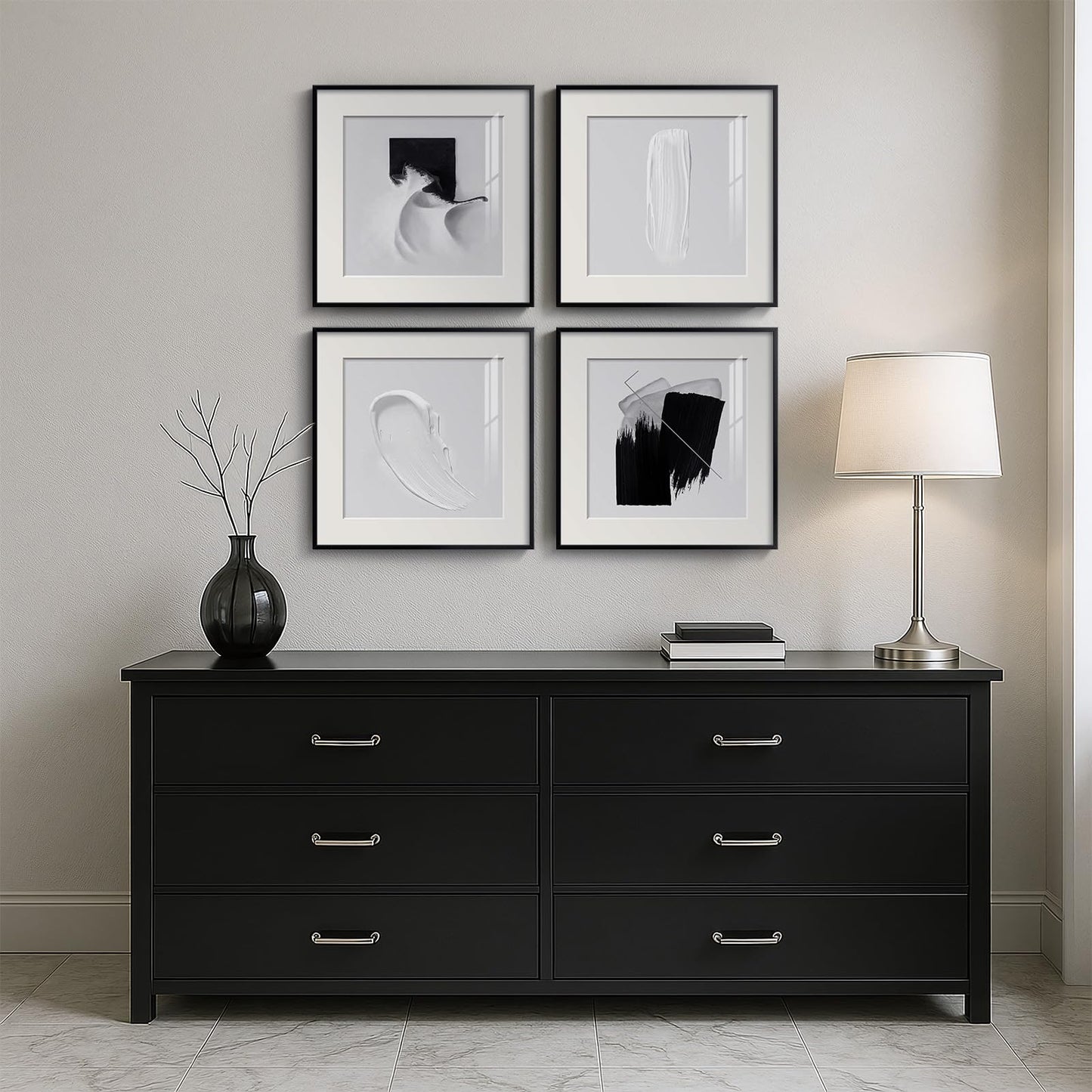 4 Panels Framed Abstract Black and White Wall Art Set, Modern Minimalist Line Print Home Decor, Canvas Pictures Paintings for Living Room Bedroom Bathroom Entryway and Dining Room 12x12 Inches