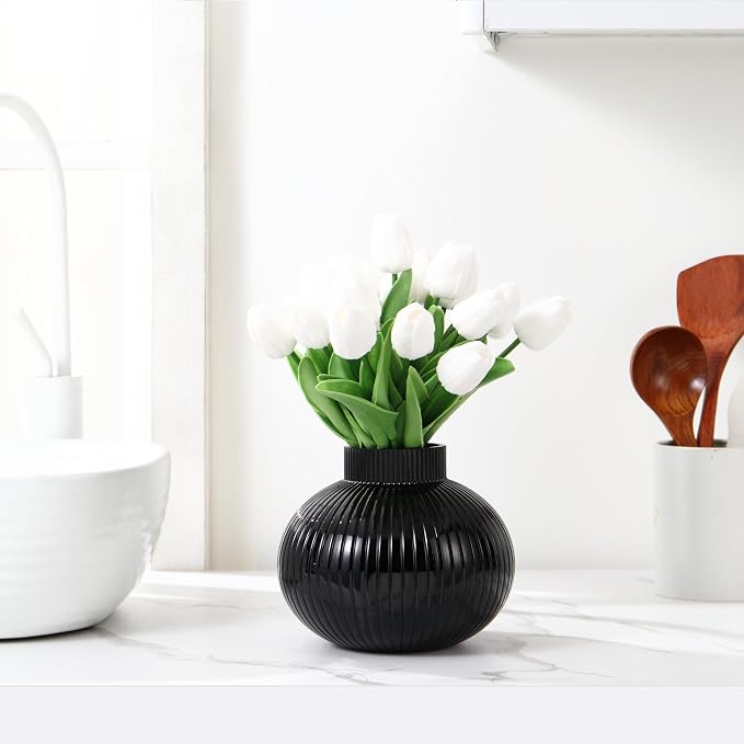 Black Glass Vase, Flower Vases for Bouquet, Ribbed Glass Vases for Flowers, Small Black Vase for Living Room, Office, Coffee Table, Shelf, Wedding, 6 Inches
