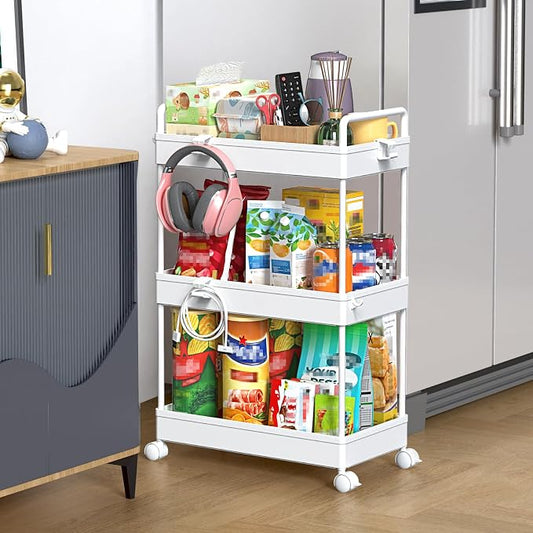 SOLEJAZZ 3 Tier Rolling Storage Cart with Wheels Slim Craft Nail Makeup Snack Art Baby Utility Cart Organizer on 2 Lockable Wheels for Bathroom Laundry Room Kitchen Bedside Narrow Spaces, White