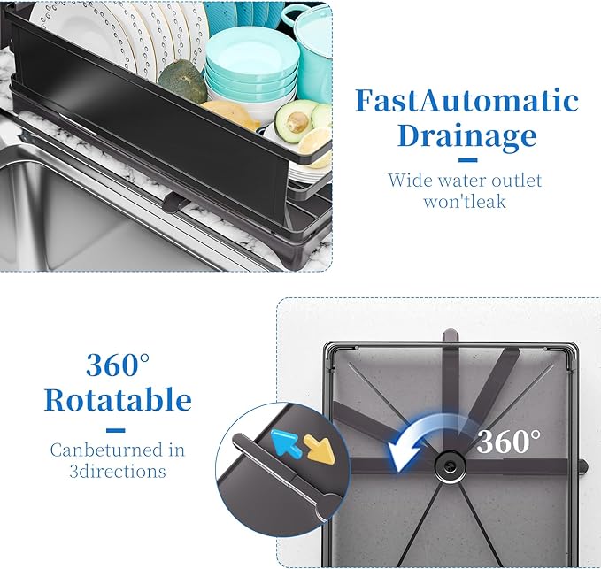 Simple Trending Dish Drying Rack, Space-Saving Large Dish Rack for Kitchen Counter, Anti-Rust Dish Drainer with Cutlery & Cup Holders, Black