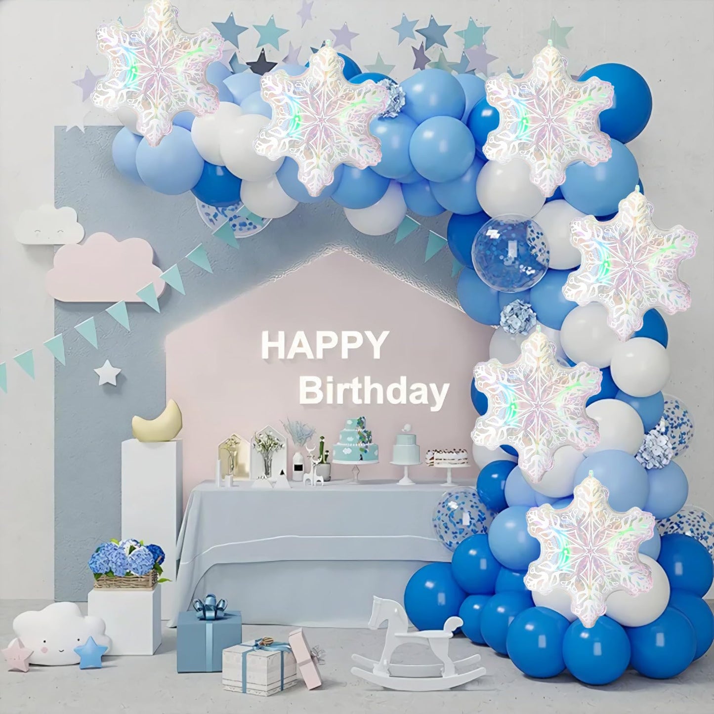 6pcs 24'' Clear Iridescent Snowflake Balloons, Winter Theme Snow Foil Mylar Balloons for Ice Snow Themed Birthday Party Decorations, Winter Wonderland New Year Decorations, Iridescent