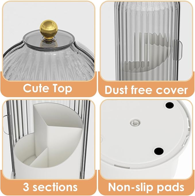 YOOLENS Makeup Brush Holder with Lid 360 Rotating Clear Dustproof Make Up Organizers for Vanity Bathroom Countertop, Gray