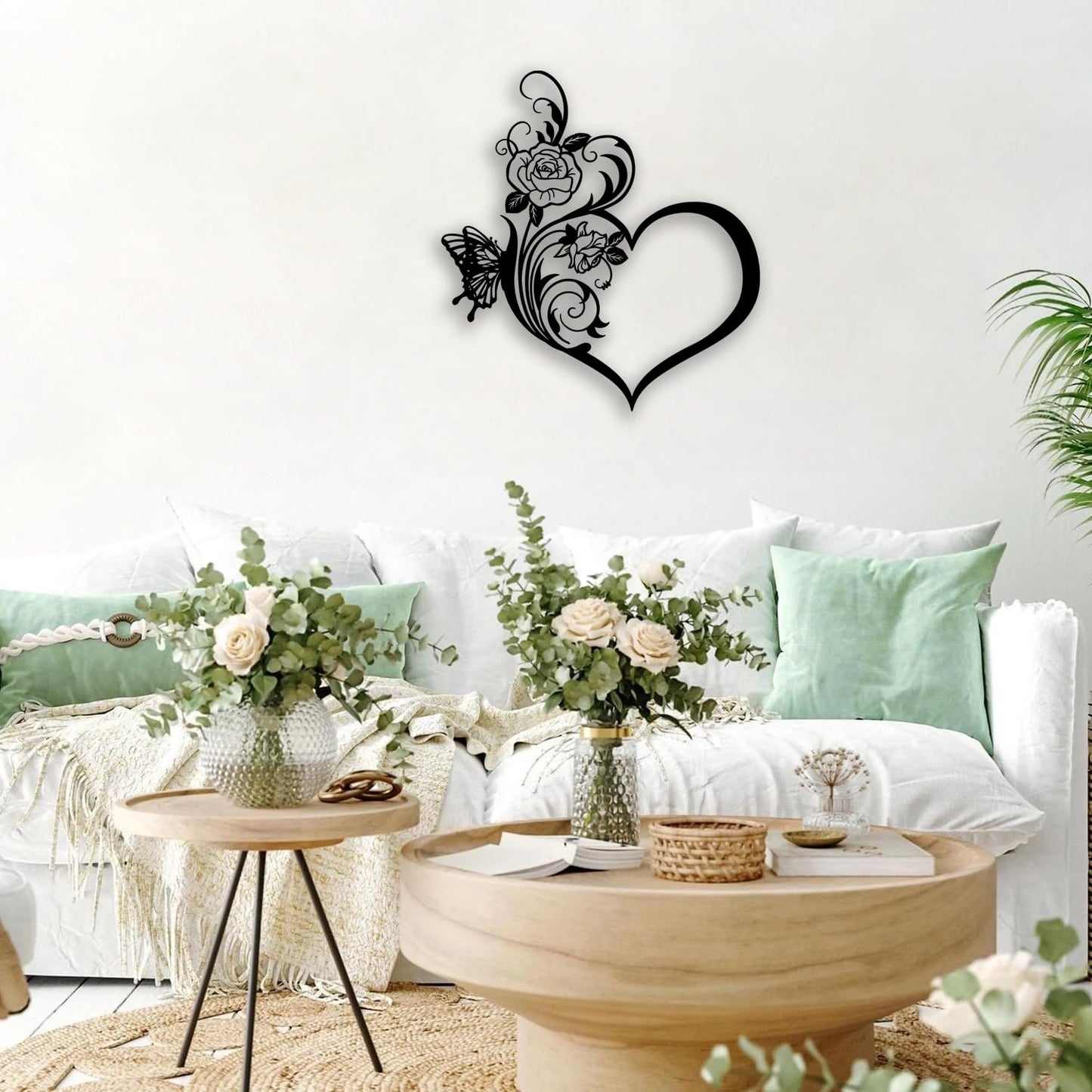 Love Heart Rose Butterfly Metal Wall Decor - Elegant Room Decor Wall Art Home Decor for Living Room, Bedroom, Dining Room, Bathroom, Office (Black)