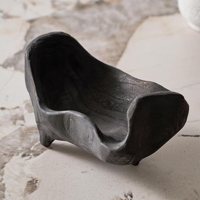 DN DECONATION Oak Wood Black Decorative Bowl-9.25x5.51 Inch Small Bowl for Entryway Key, Fruit, Candy with feet, Boho Farmhouse Home Decor for Dining Room, Coffee Table Centerpiece