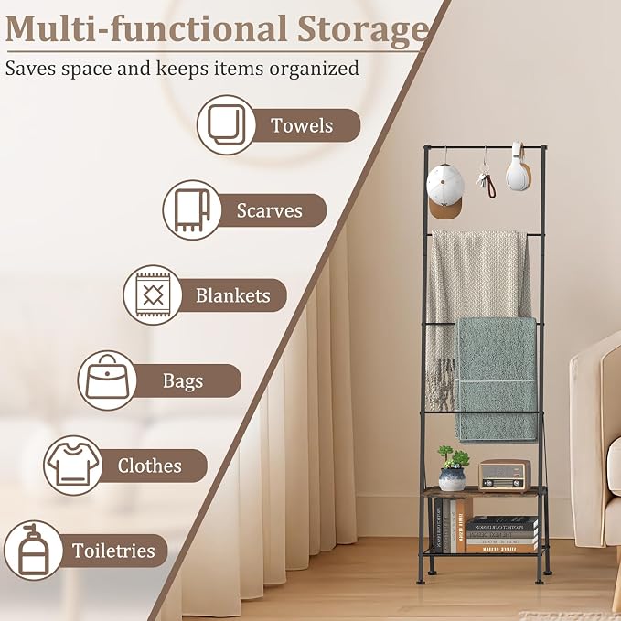 Blanket Ladder Towel Rack with Storage Shelf and Hooks, Decorative Scarf Rack, Throw Blanket Holder Ladder Shelves for Bathroom Living Room, Rustic Brown