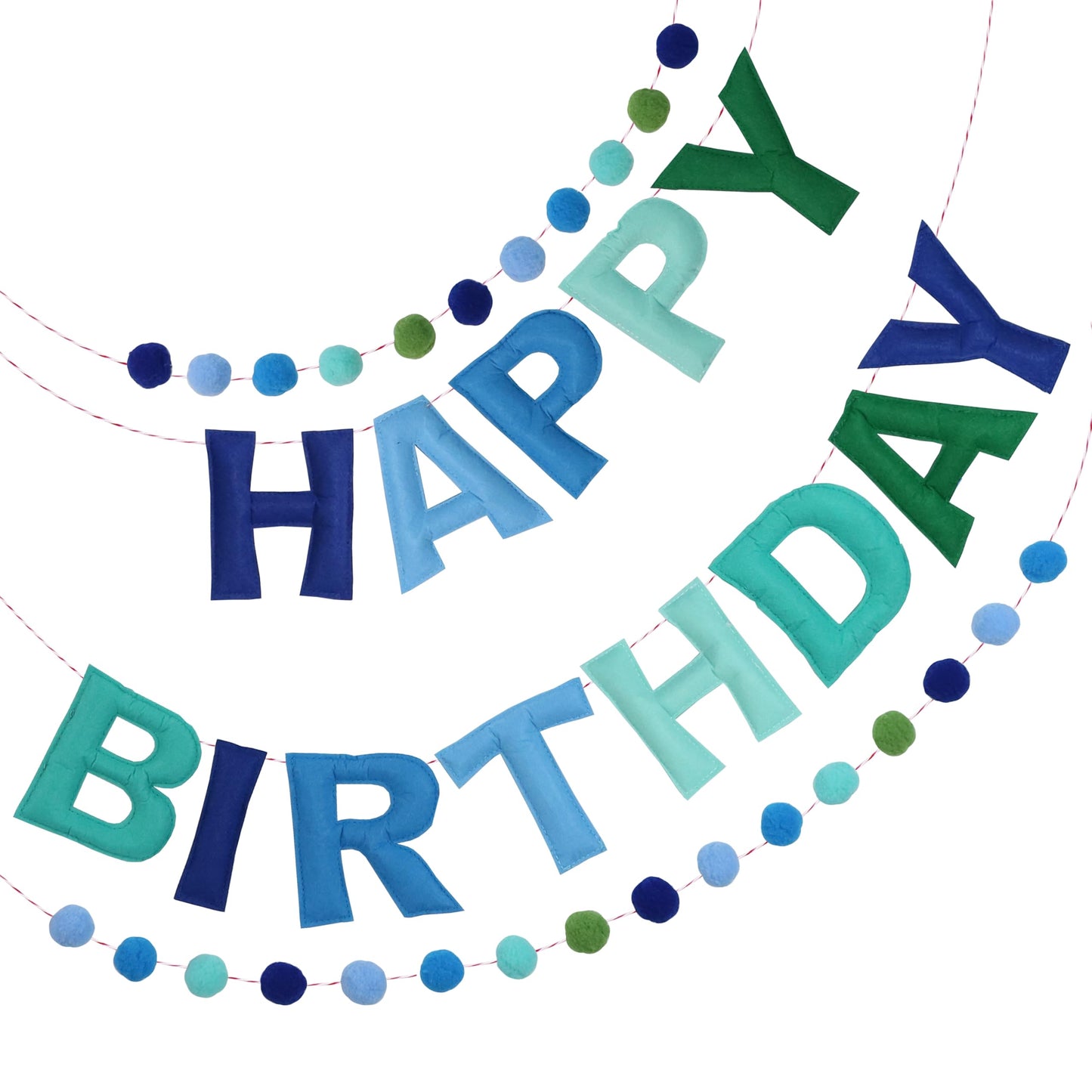 2 PCS Pre-Strung 3D Felt Happy Birthday Banner - Reusable Blue and Green Happy birthday Decorations Sign,Handmade Wool Felt Ball Garland, Pom Pom Garland, Party Decor, Photo Prop
