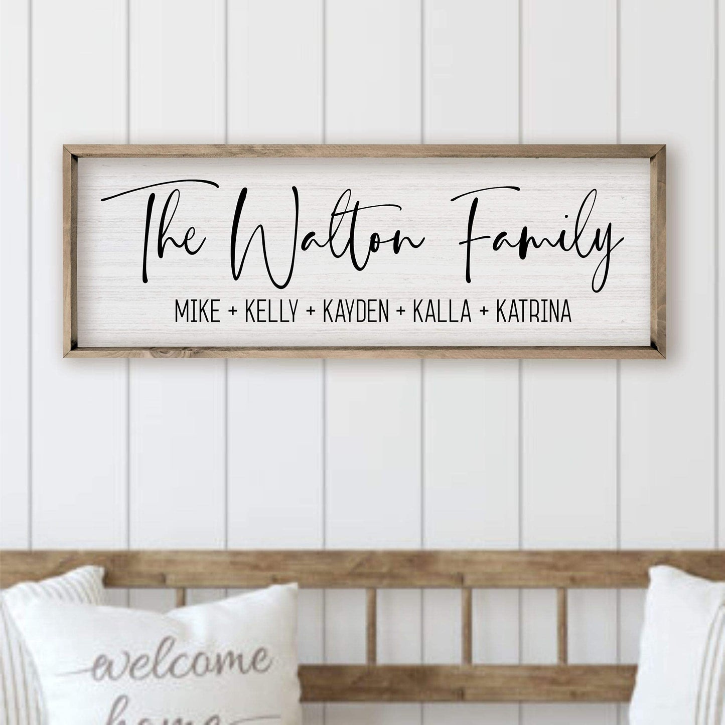 Personalized Framed Family Name Sign (6"x 18", Weathered Grey Frame, White Background)