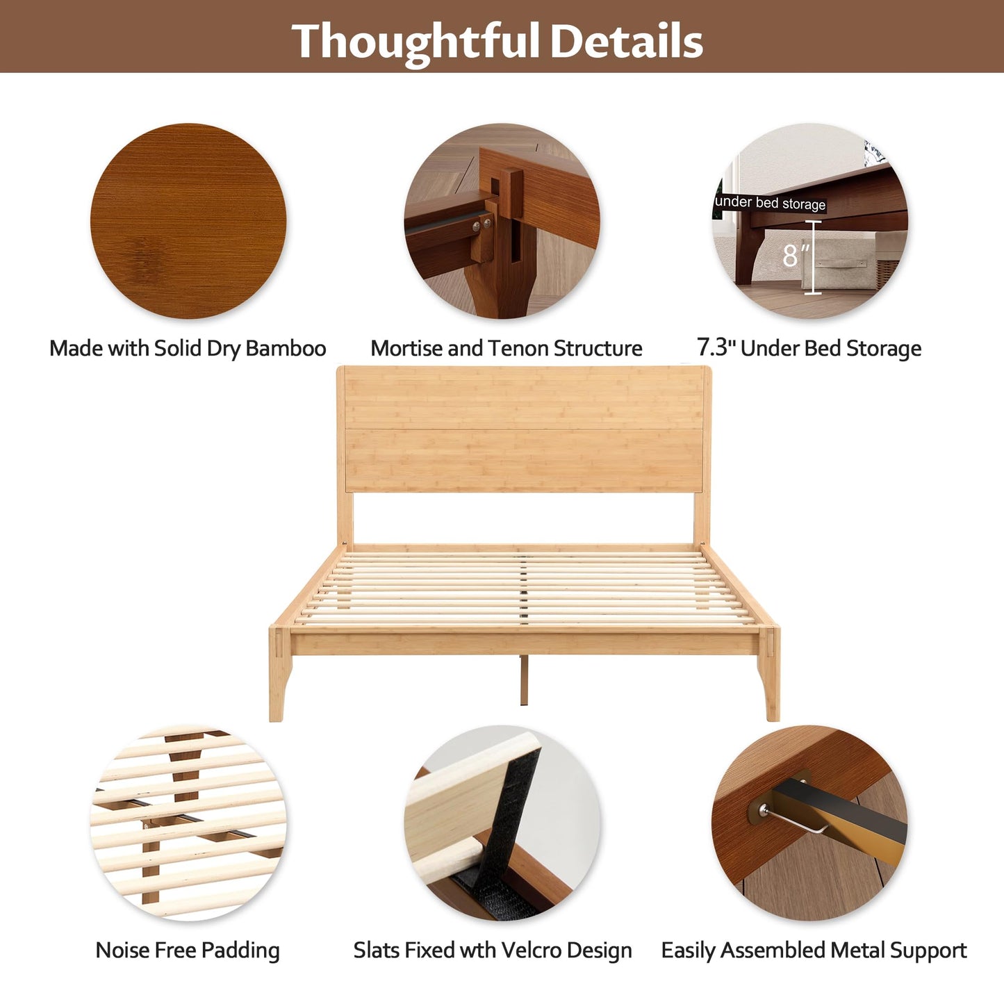 Merax King Size Bamboo Platform Bed, Mid-Century Modern Bed Frame with Tall Headboard, Solid Sustainable Bedframe King-Size, Wood Slat Support, No Box Spring Needed, Easy Assembly, Natural