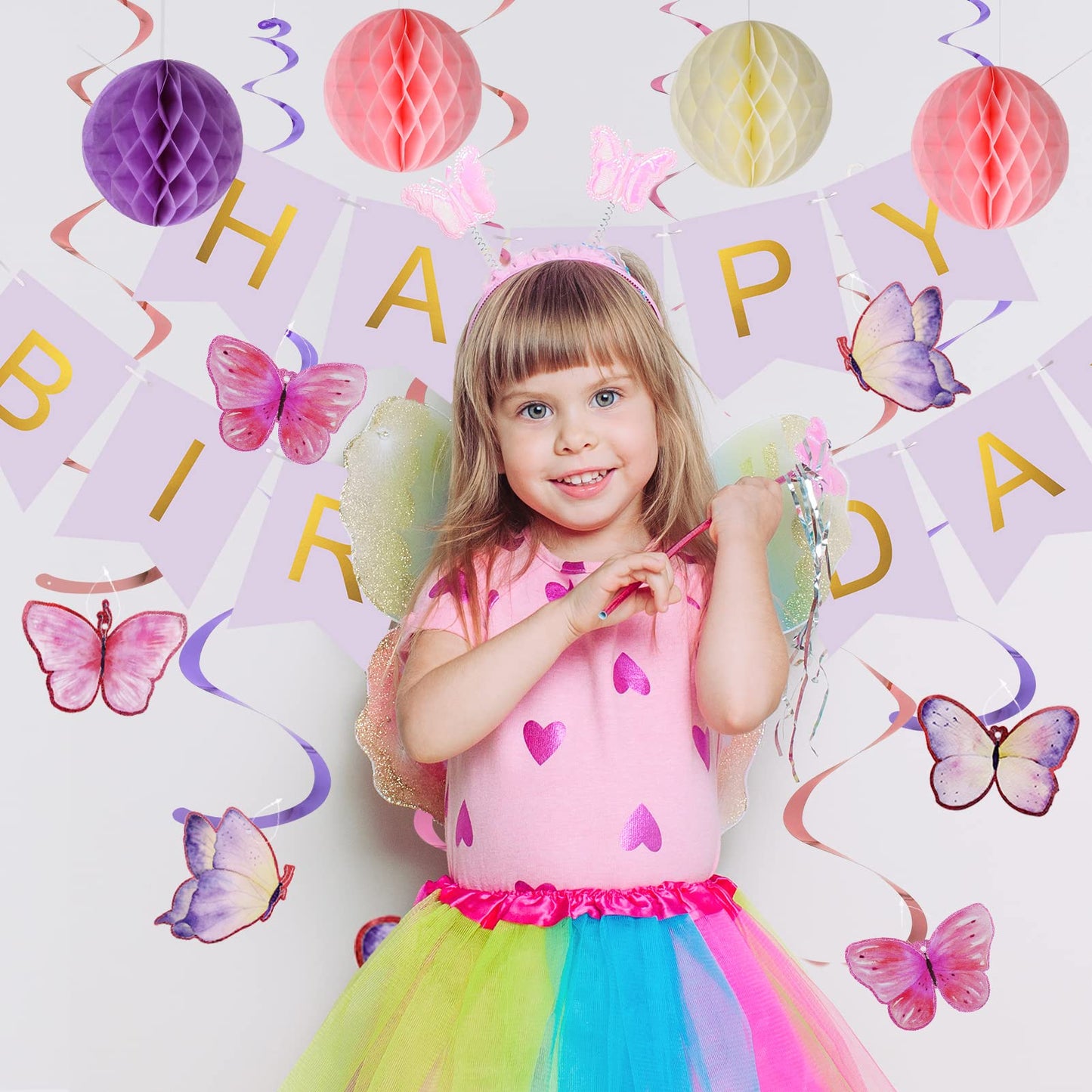 meowtastic Birthday Decorations, Happy Birthday Banner with Honeycomb Balls, Butterfly Hanging Swirl Streamers, Circle Dots Garland, Happy Birthday Party Decorations for Women Men Boys Girls (Purple)