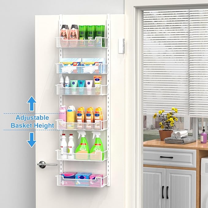 VyGrow 12.3" W Narrow Over the Door Pantry Organizer, 6-Tier Over the Door Organizer with Adjustable Basket, Pantry Door Organization for Pantry Kitchen Storage Room Spice Rack, White