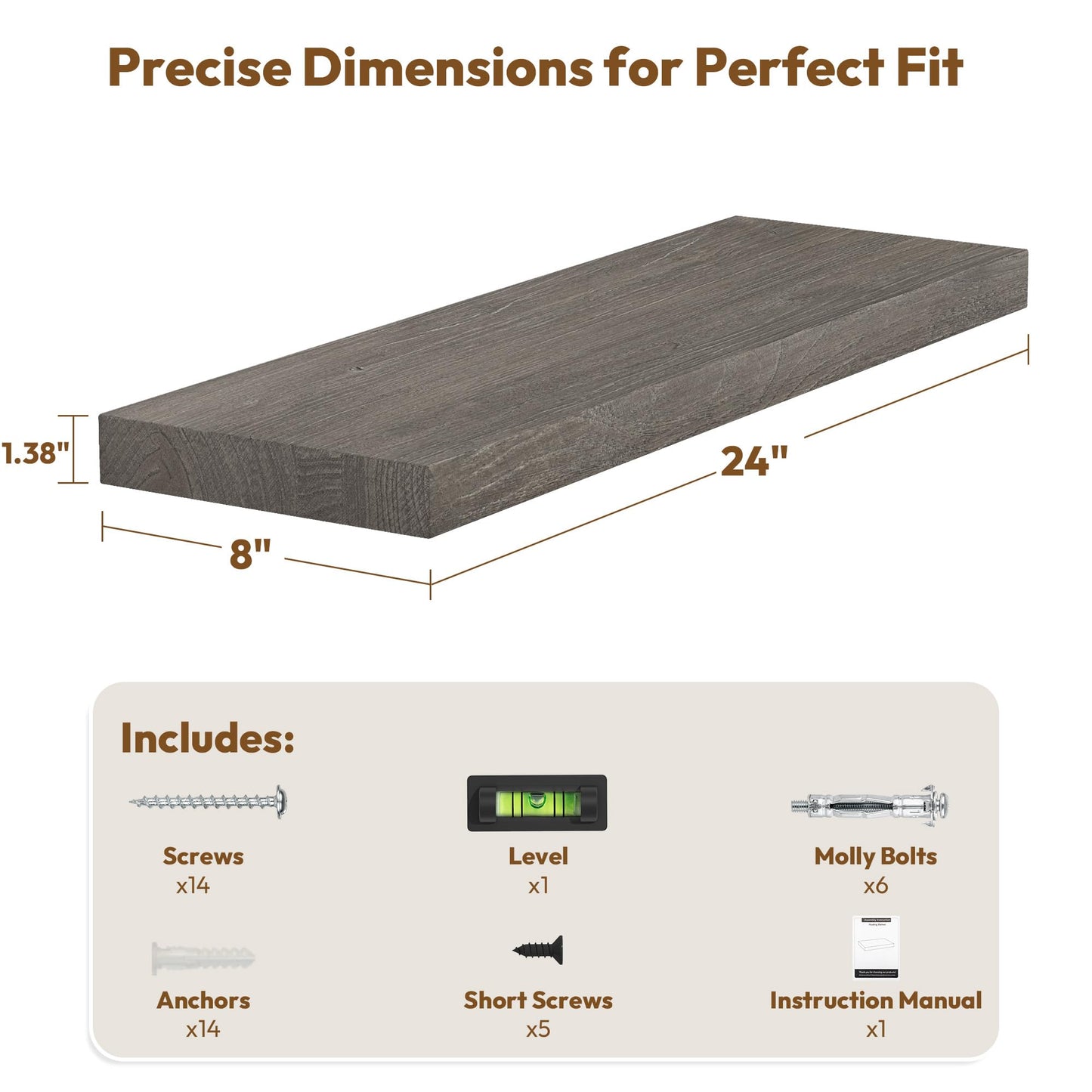 Vivelove Elm Floating Shelves for Wall Solid Wood, 24 Inches Long Rustic Wall Shelf with Invisible Bracket for Living Room Bedroom Bathroom Office Book, Farmhouse Wall Display Shelf, Set of 2 - Grey