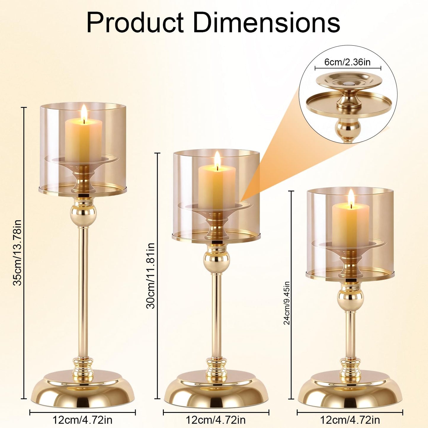 Oakernel Gold Hurricane Candle Holders - Set of 3 Tall Candlestick Holders Windproof Taper Candle Holders, Metal Stand for Table Centerpiece Outdoor Indoor Wedding Party Holiday Decor