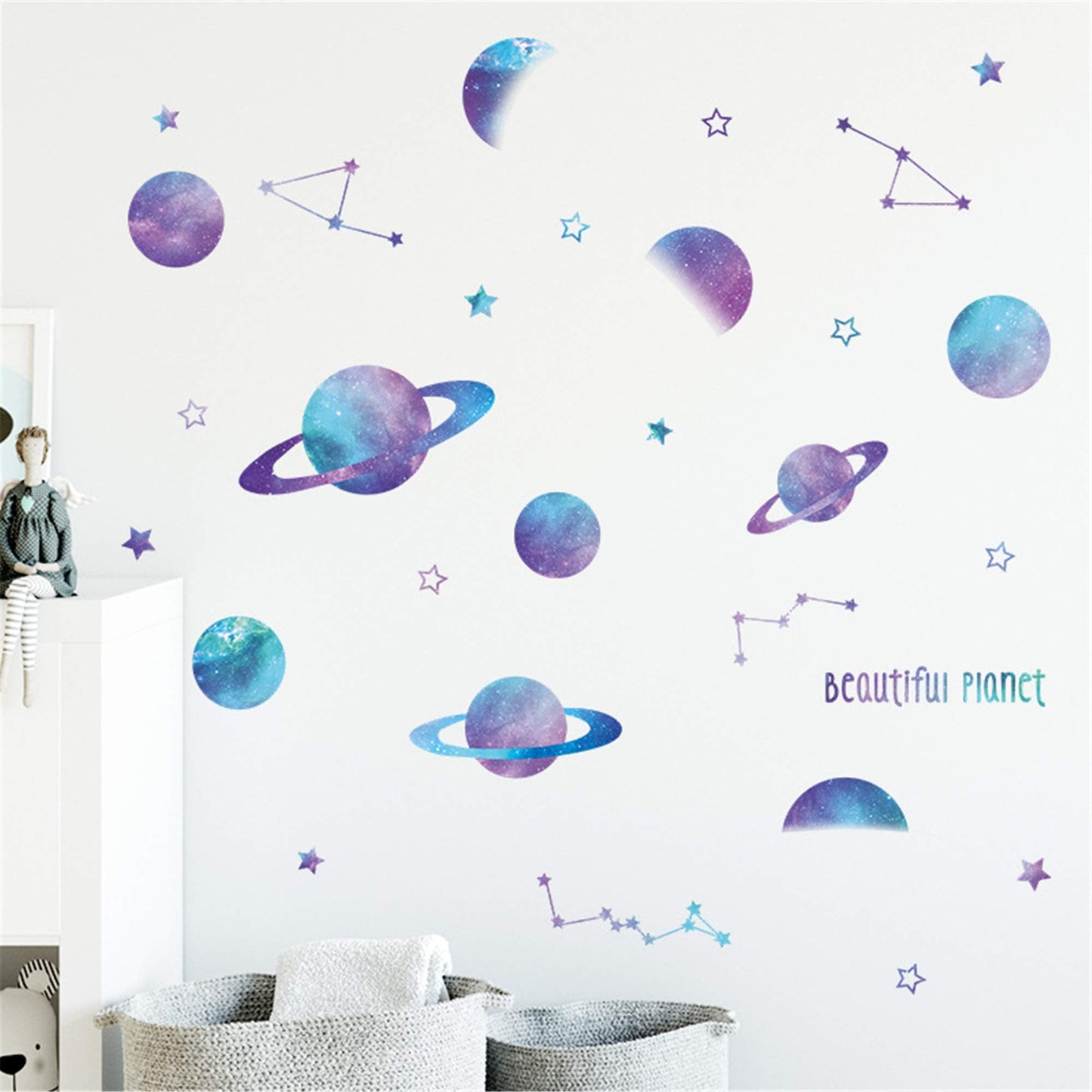 ROFARSO Beautiful Blue Planets Wall Stickers Outer Space Stars Constellation DIY Vinyl Removable Large Wall Decals Art Decorations Decor for Kids Boys Bedroom Living Room Playing Room Murals