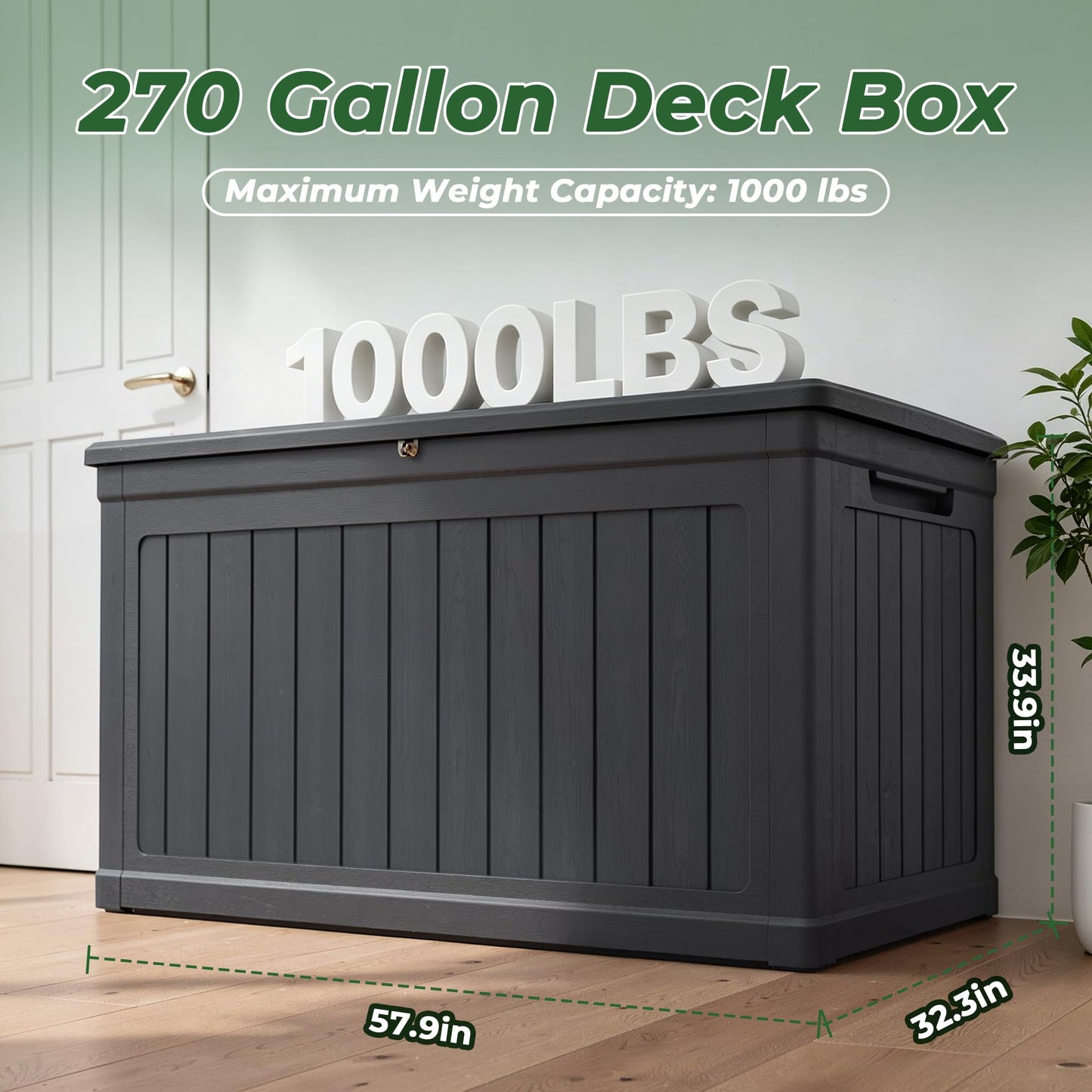 Cirui 270 Gallon Deck Box, Lockable Waterproof Storage Box, Outdoor Storage Bin for Package Delivery, Patio Cushions, Gardening Tools，Pool Accessories and Sports Equipment (Black,270 Gallon)