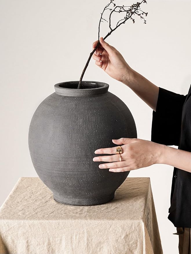 Black Ceramic Vase - Large 12.5 Inch Round Floor Vase for Centerpieces, Farmhouse Flower Vases, Rustic Minimalist Home Decor,Sandstone Dark Grey