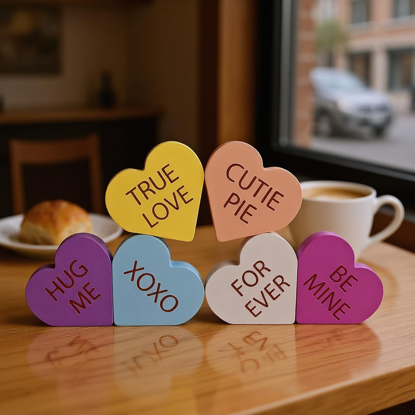 6 PCS Heart Wall Decor, Wooden Signs Set | Valentine's Day Decorations with Double-Sided Prints, Charming Heart Shelf & Tabletop Displays for Tiered Tray, Mantel, and Home Office.