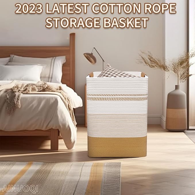 Large Laundry Hamper Basket, 85L Cotton Rope Woven Storage Bin for Blankets, Dirty Clothes Toys, Decorative Tall Basket with Leather Handles for Living Room, Bedroom, Bathroom, Nursery, Jute