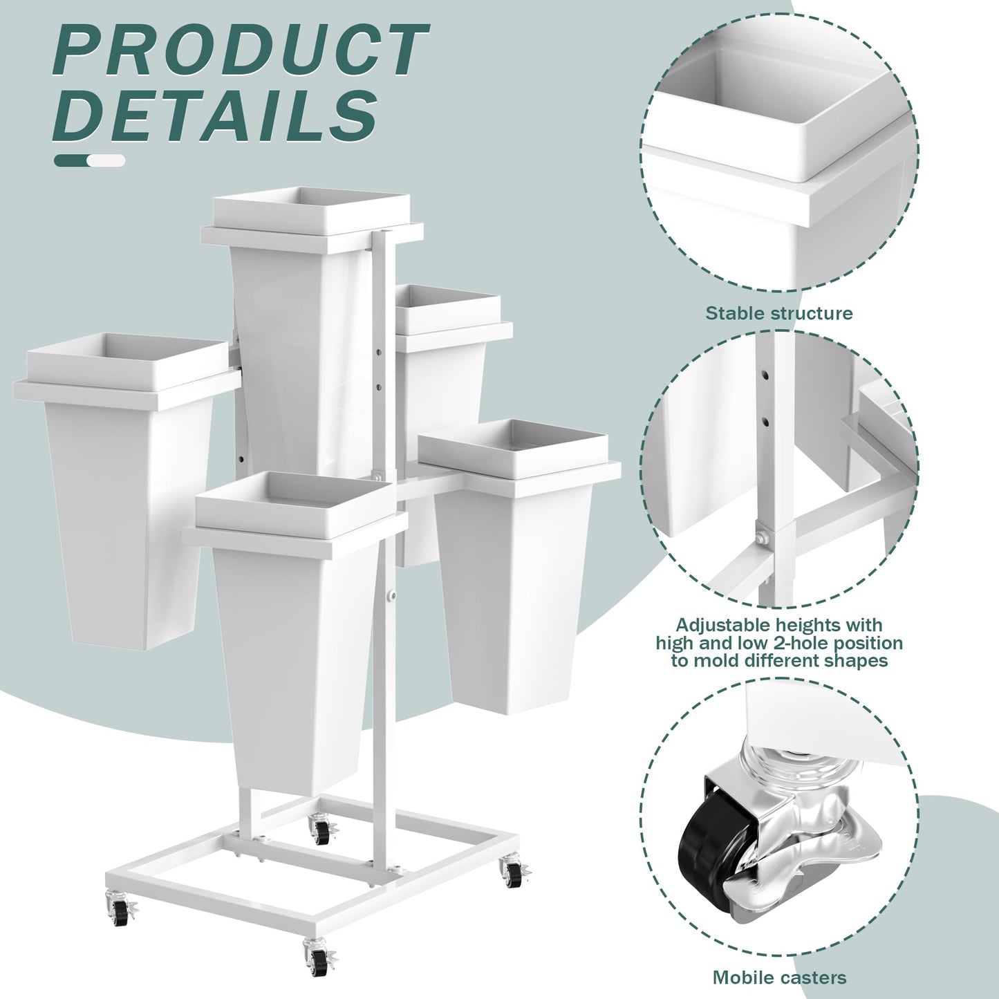 Asee'm Flower Display Stand with 5 Square Buckets Multi-tiered Metal White Flower Cart Stand with Wheels Moving Plant Stand Bar Shelf Flower Holder for Indoor Outdoor Patio Garden Florist Wedding