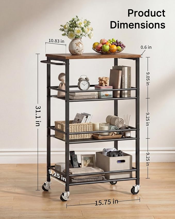 Pipishell Slim Storage Cart with Wheels, 4 Tier Rolling Bathroom Storage Cart with Handle and Wood Top, Metal Slim Kitchen Cart for Laundry Room, Bathroom, Kitchen, Narrow Space, Black & Rustic Brown