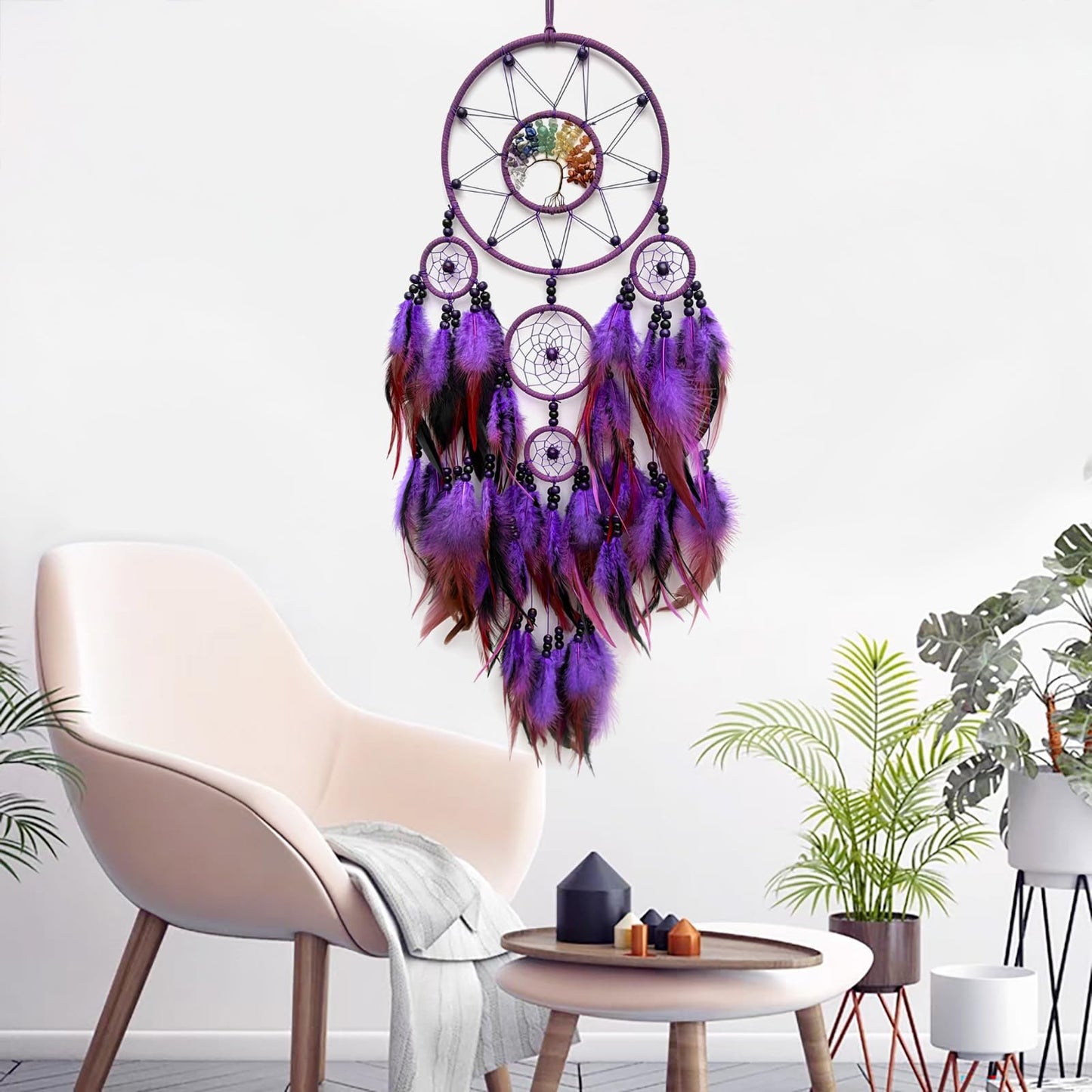 RAGKUU Purple Large Dream Catcher Wall Decor Crystal Tree of Life Dream Catchers Handmade Feather Dreamcatcher Wall Hanging Ornament for Bedroom Living Room Home Decor
