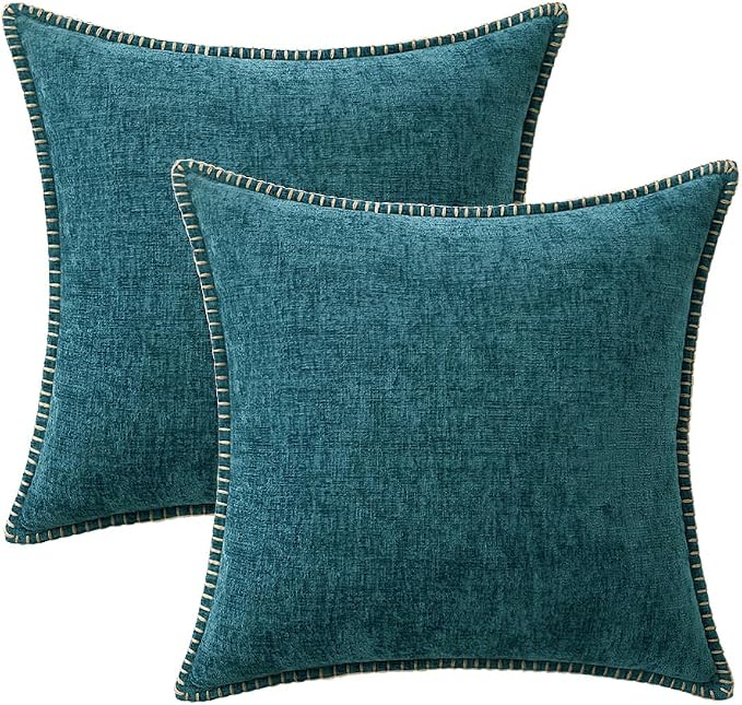 MIULEE Pack of 2 Couch Throw Pillow Covers 16x16 Inch Dark Teal Farmhouse Decorative Pillow Covers with Stitched Edge Soft Chenille Solid Dyed Pillow Covers for Sofa Bed Living Room