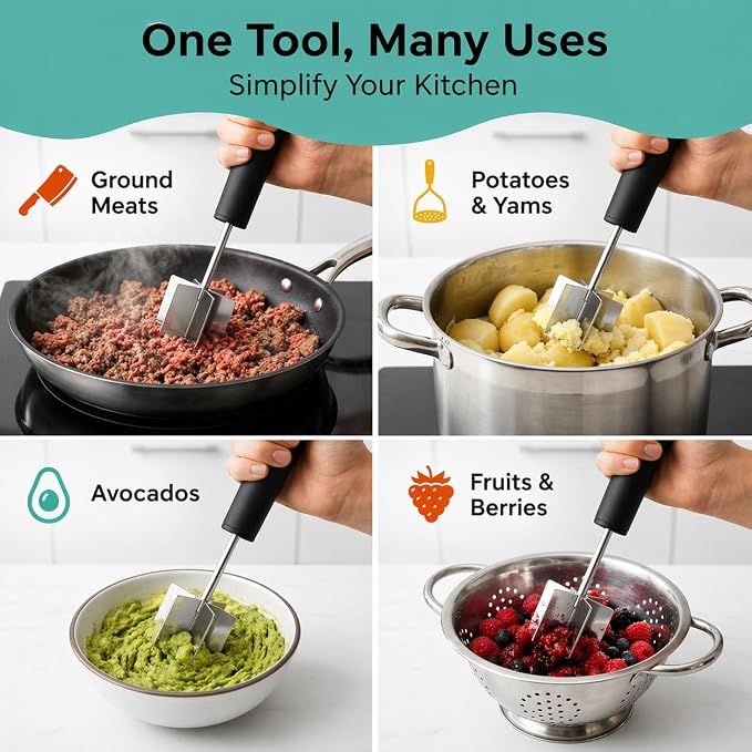 2pc Large Stainless Steel Meat Chopper, Masher & Cocktail Muddler | Dishwasher Safe | 6-Blade Chopper Tool | Oversized Ergonomic Handle | Heat Resistant Grip | 2 x 10" black