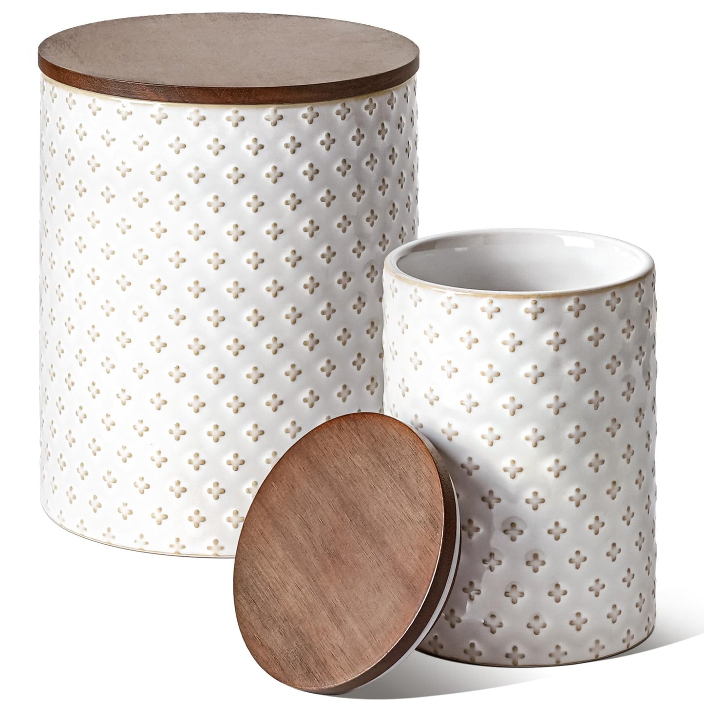 LE TAUCI Ceramic Kitchen Canister Set with Airtight Lids, Food Storage Containers for Flour, Sugar, Coffee - Large Embossed Jars for Pantry Storage & Countertop Decor - Set of 2 (78/25 oz), Clover