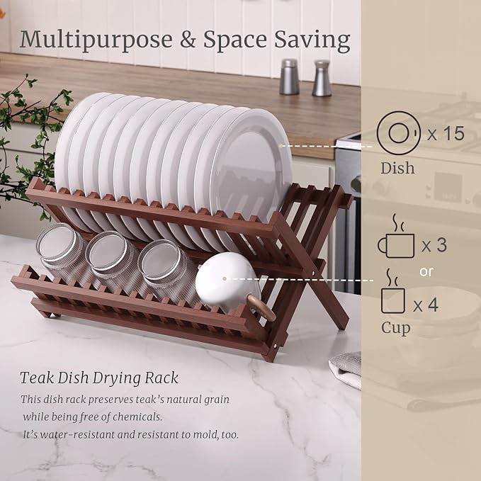 VERTORGAN Teak Dish Drying Rack,Folding Collapsible Drainer Plate Organizer Holder for Kitchen,Foldable Spice Rack for Countertop and Cabinet,Pantry Organization and Storage