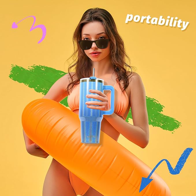 40 oz Shiny Tumbler with Handle,Tumbler with Lid and Straw,Double Wall Insulated Cup Stainless Steel Travel Mug(Cold for 34 Hours),Water Bottle for Iced Tea,Coffee,Cold Beverages(Blue)