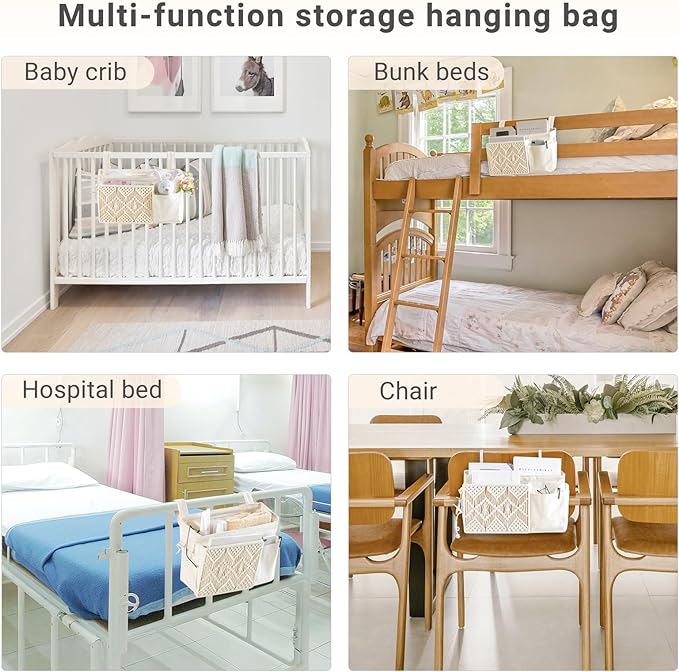 Mkono Bedside Caddy Hanging Organizer, Boho Macrame Storage with Fixed Straps and Hooks, 4 Pockets Holder Remote Magazine Accessories for Home Loft Bunk Bed, Dorm, Hospital Beds