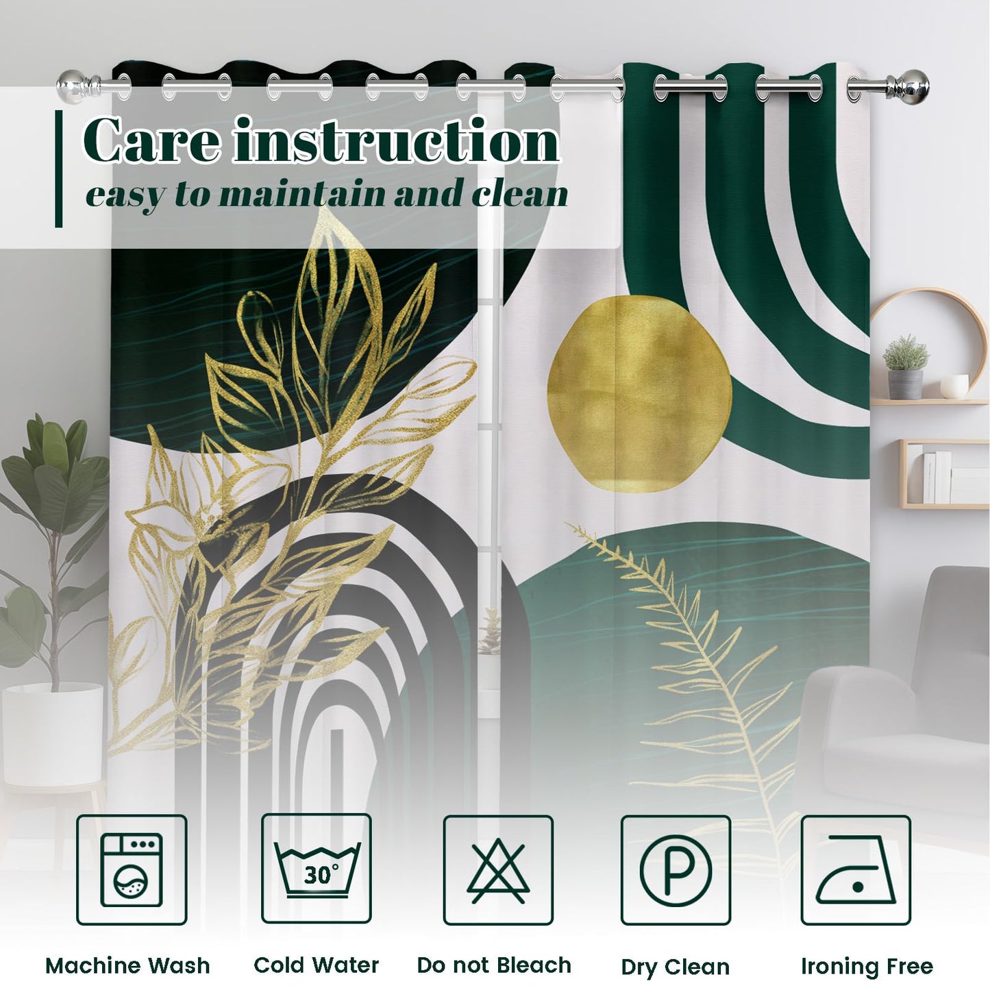 soeeao Mid Century Modern Hunter Green Blackout Curtains Boho, Bohemian MCM Black Emerald Dark Green and Gold Window Drapes for Bedroom Living Room, 84 inch Length 2 Panels Set, 52x84 inch