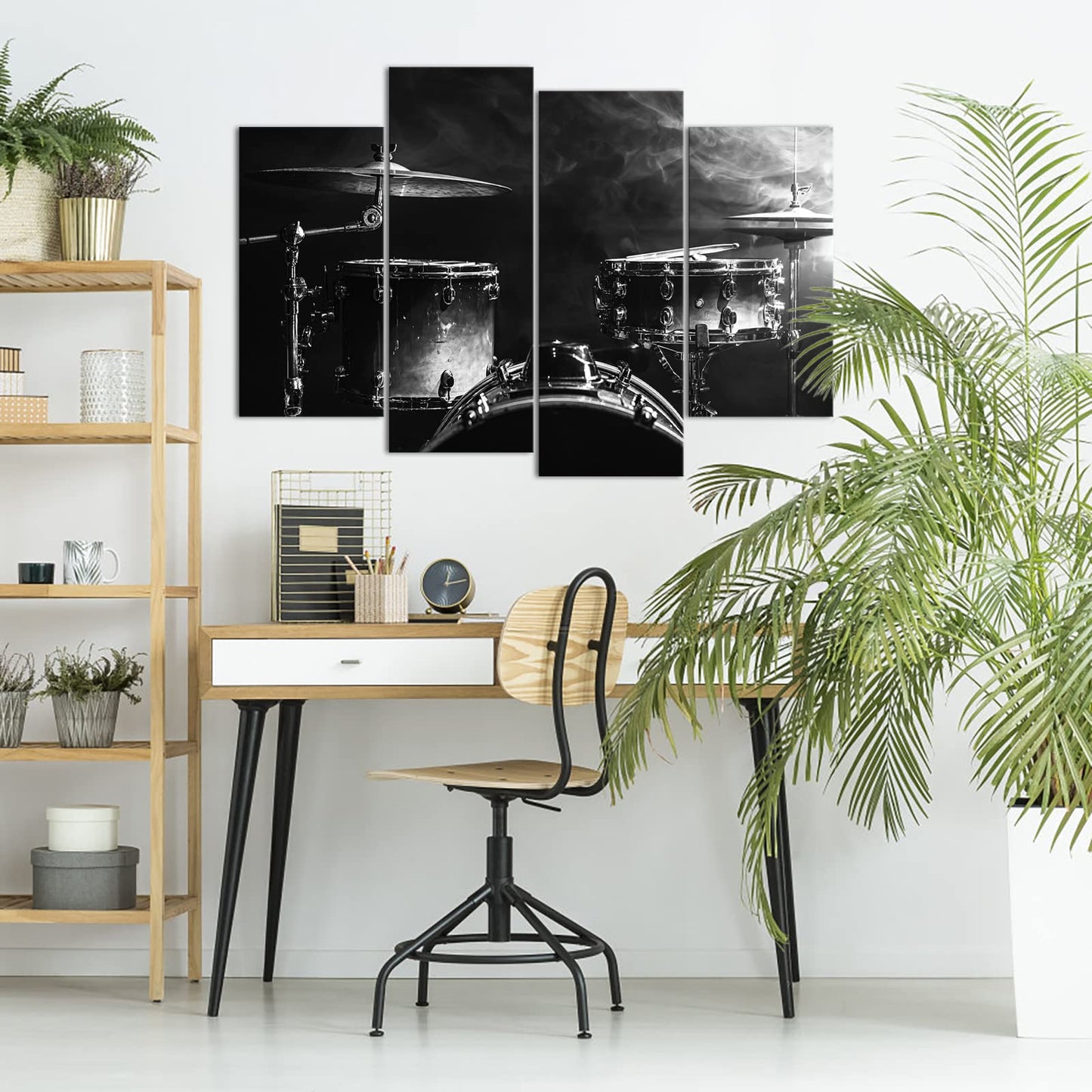 Biuteawal 4 Piece Music Canvas Wall Art Rock Band Shelf Drum Set Picture Prints Artwork Black and White Musical Instrument Modern Living Music Classroom Man cave Bedroom Decor Framed Ready to Hang