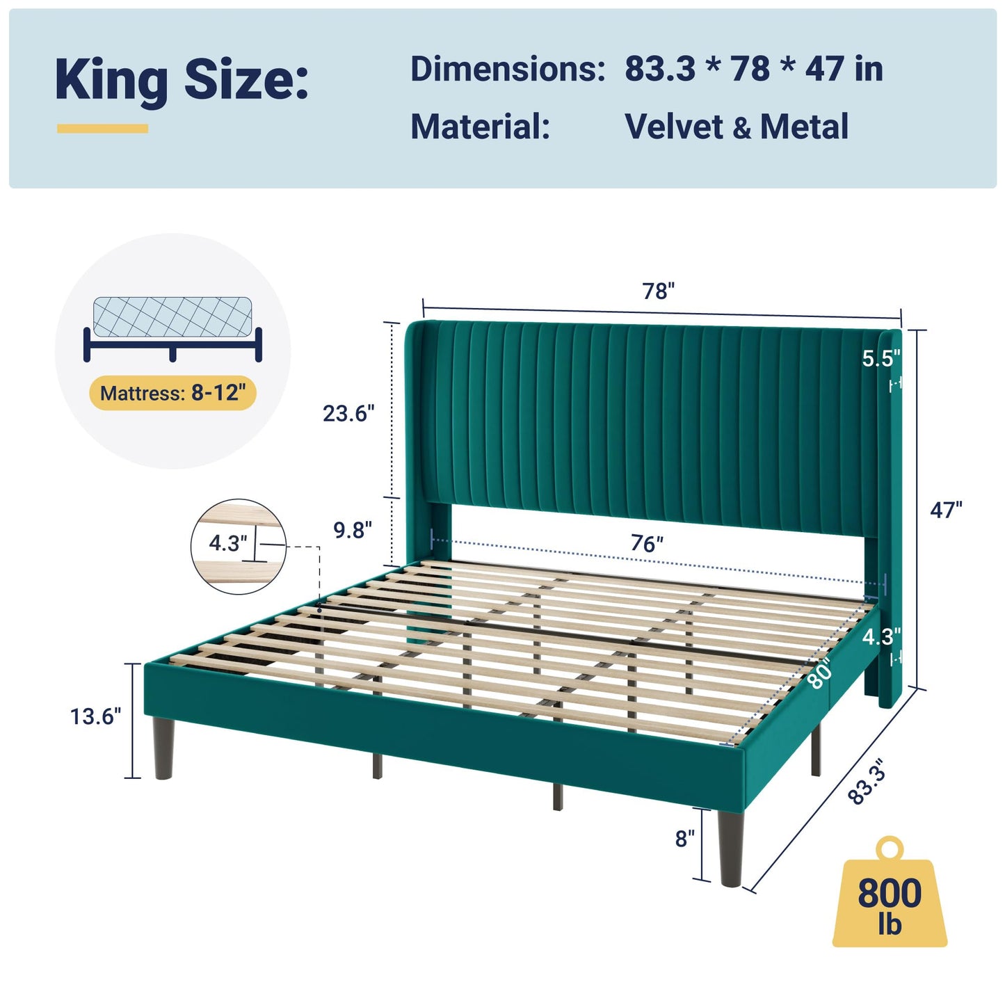 Allewie King Size Bed Frame/Velvet Upholstered Platform Bed/Vertical Channel Tufted Wingback Headboard/Strong Wooden Slats/No Box Spring Needed/Easy Assembly/Teal