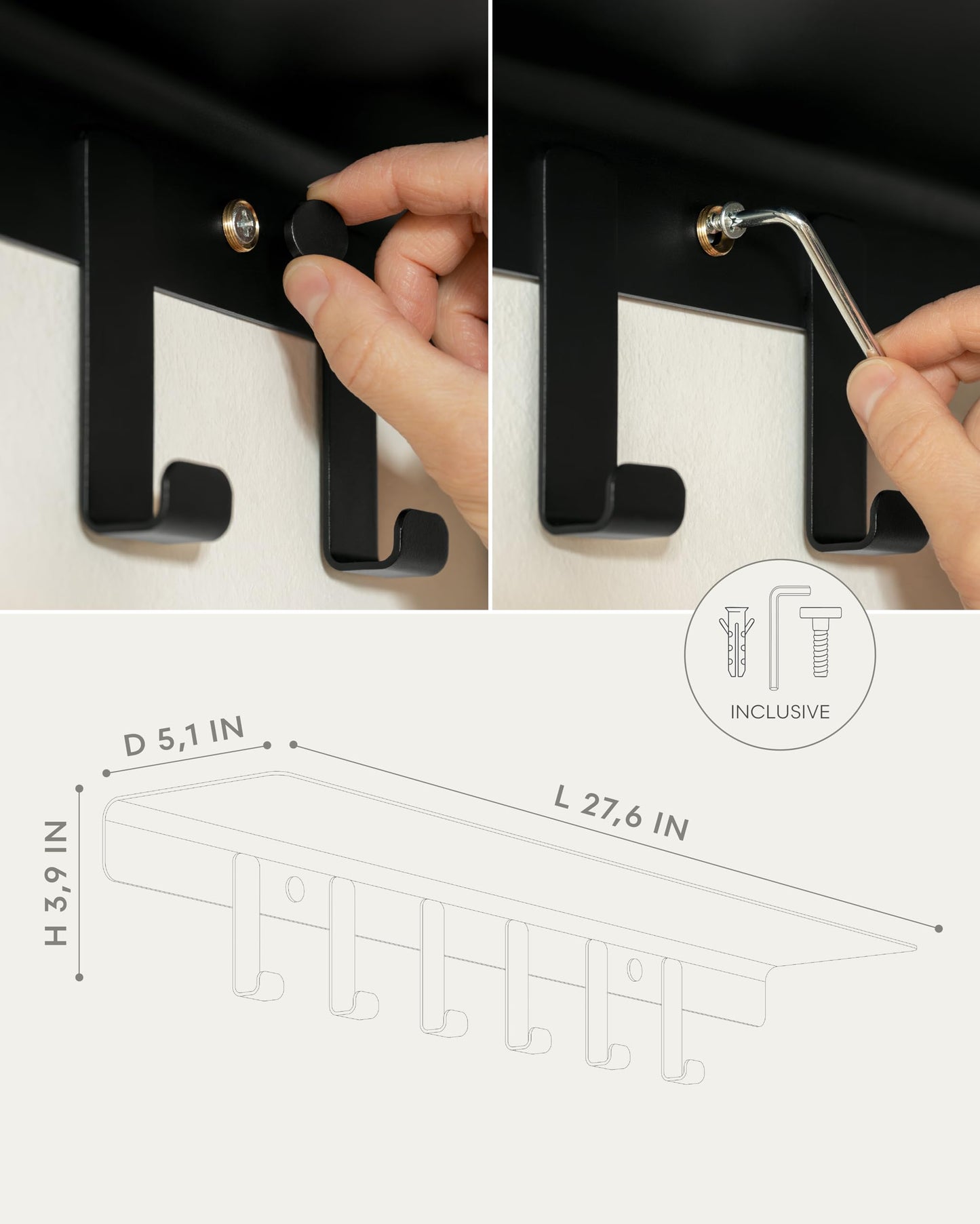 Kazai. Coat Rack Wall Mount with Shelf 'Holmsen' | Coat Rack with Shelf for Storage and Display | Wall Hooks for Hanging Clothes and Purses | Modern Entryway Hangers in Metal | Black