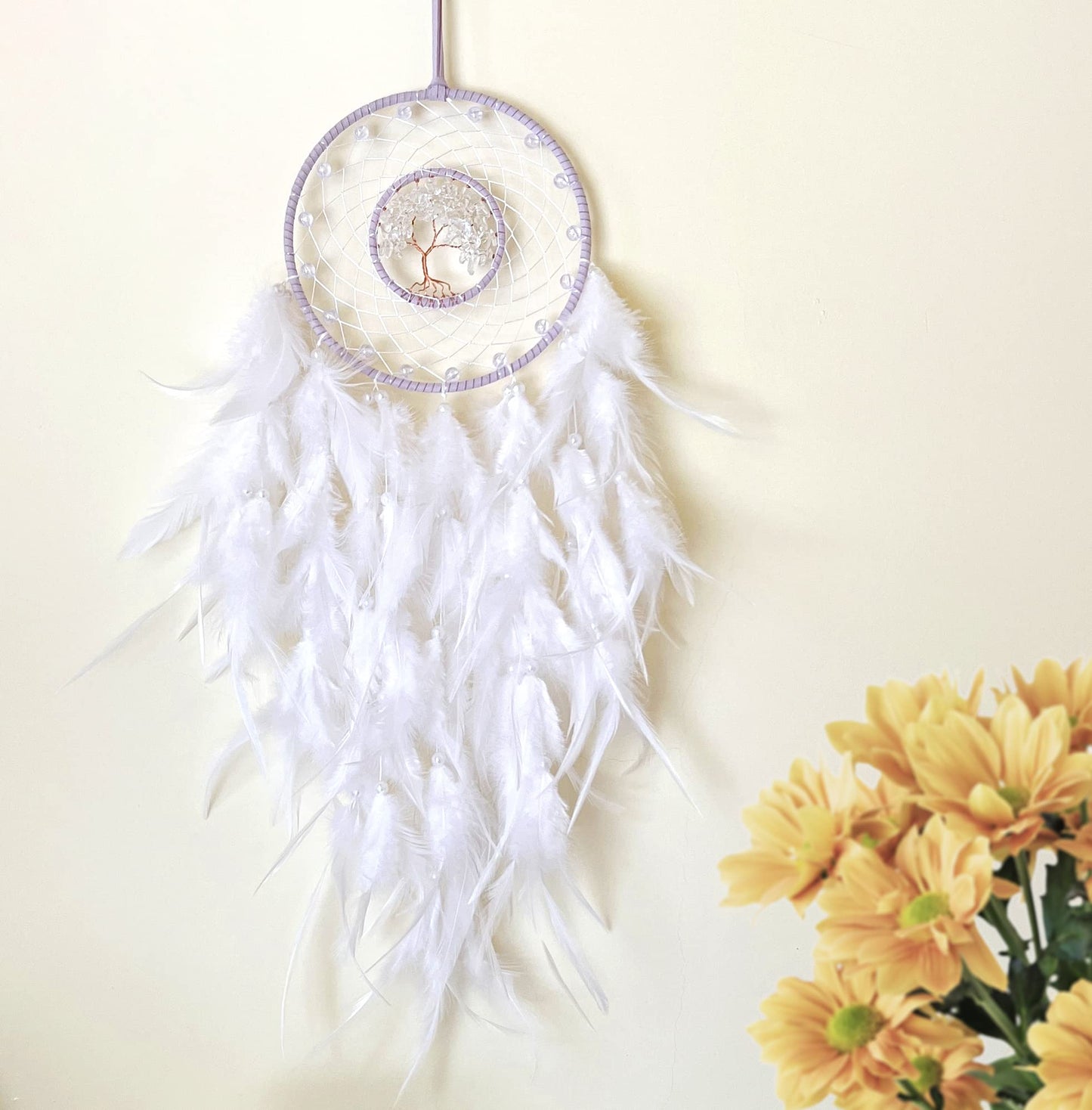 Dream Catchers, White Dream Catcher Tree of Life Wall Decor, with Natural Healing Crystal Stone, Perfect Rock Crystal Handmade Dreamlike Dream Catchers for Bedroom Decor Art Craft Gift