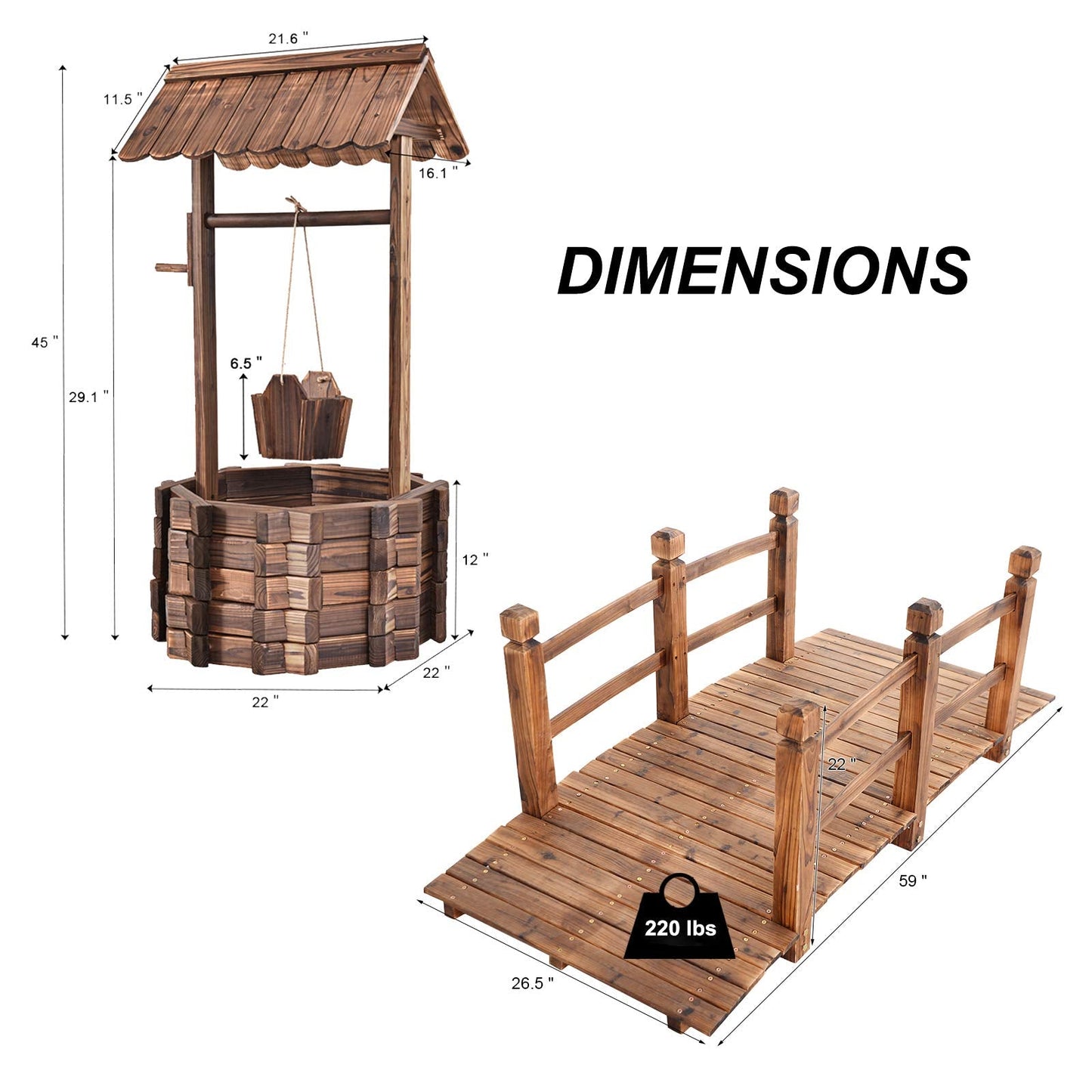 S AFSTAR Wooden Garden Bridge, 5FT Stain Finished Arch Footbridge with Safety Rails for Garden Patio Yard, Outdoor Pond Bridge & Wishing Well Planter Set