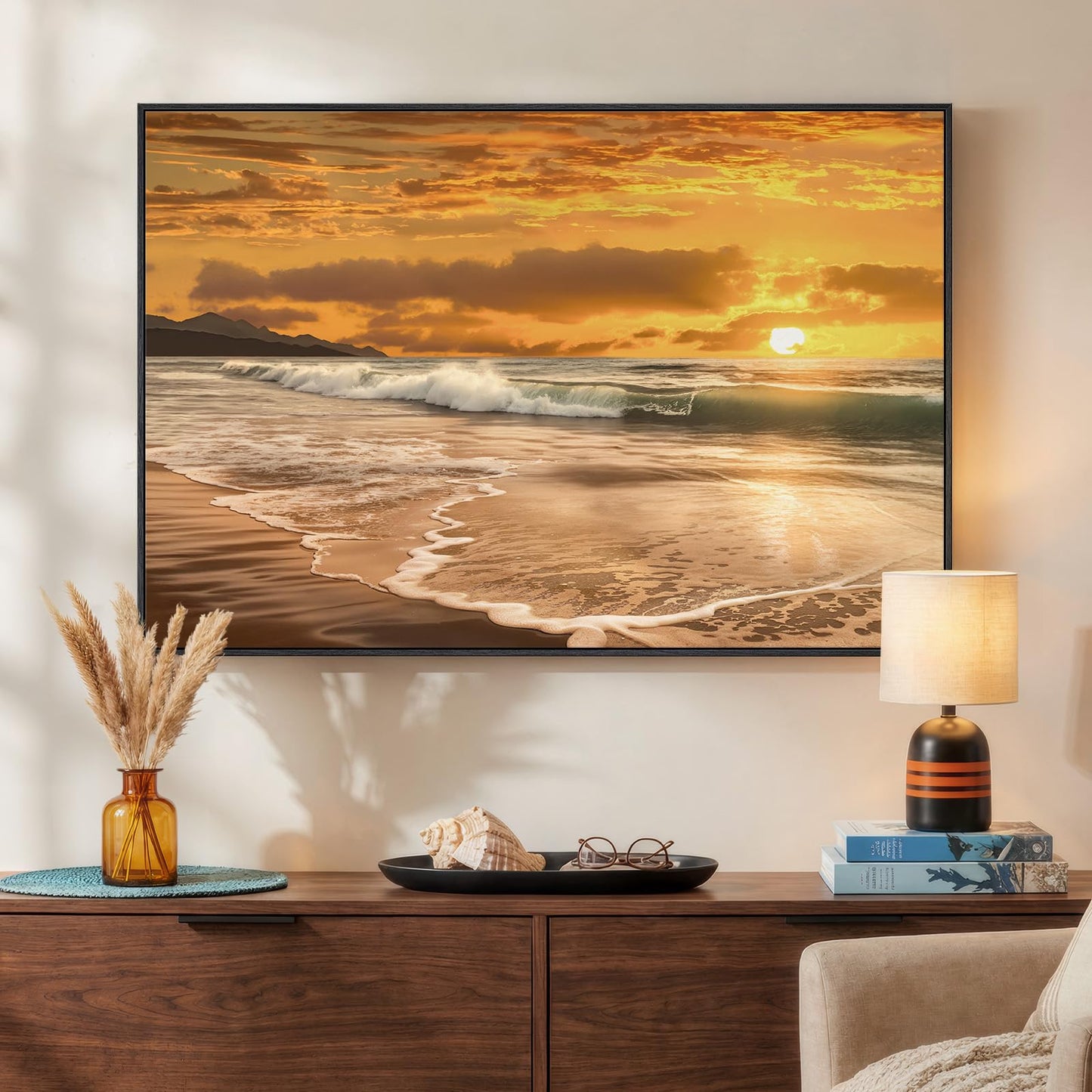 Framed Coastal Beach Wall Art, Ocean Landscape Large Canvas Prints Paintings Artwork for Walls, Gold Sunset Pictures Wall Decor for Bedroom Dining Room Living Room Bathroom Hallway Farmhouse, 24x36 In