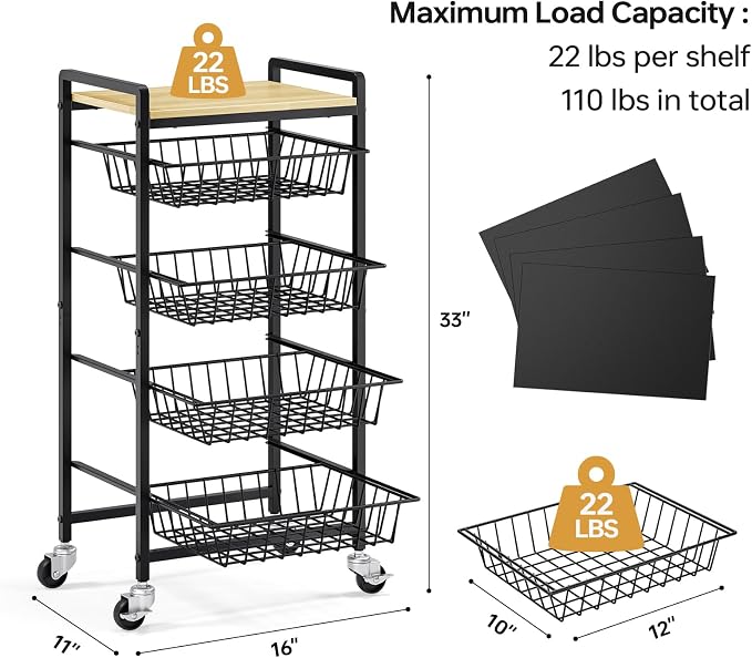 TOOLF 5-Tier Kitchen Cart with Tabletop, Rolling Snack Cart with Lockable Wheels, Fruit Vegetable Storage Basket with 4 Pack Mats, Metal Storage Rack with Pull-Out Pantry Cart for Organizer