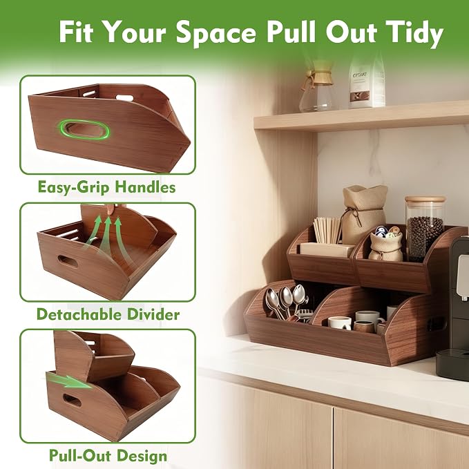 Potato and Onion Storage Bin for Pantry and Kitchen, Ventilated Stackable Bamboo Storage Bins with Handles - Multipurpose Organizers, Produce Containers for Bread, Vegetable, Fruit (Walnut, 3 Pack)