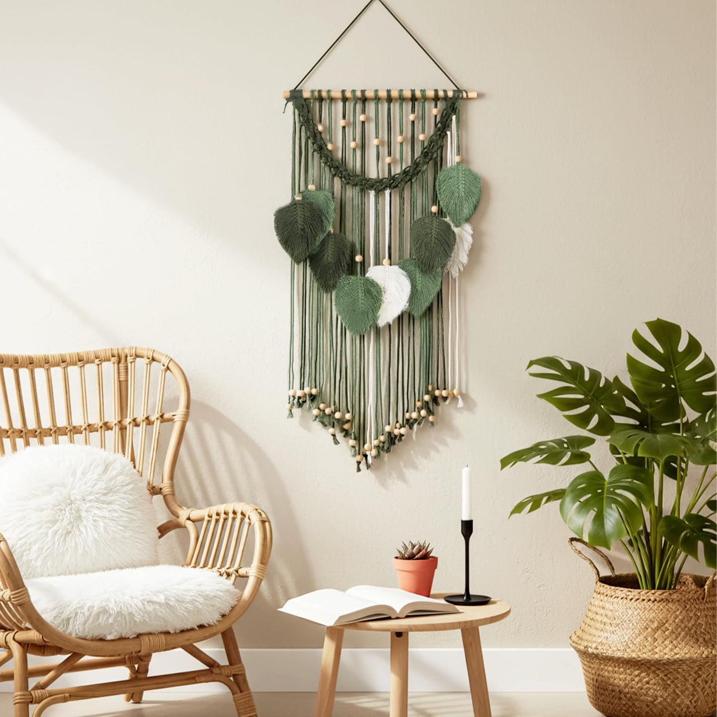 Oqqlin Green Macrame Wall Hanging, 15.7 x 29.9 Inch Boho Leaf Wall Decor Tapestry Sage Green Handmade Woven Leaves Feather Decorations for Bedroom, Living Room, Nursery, Apartment