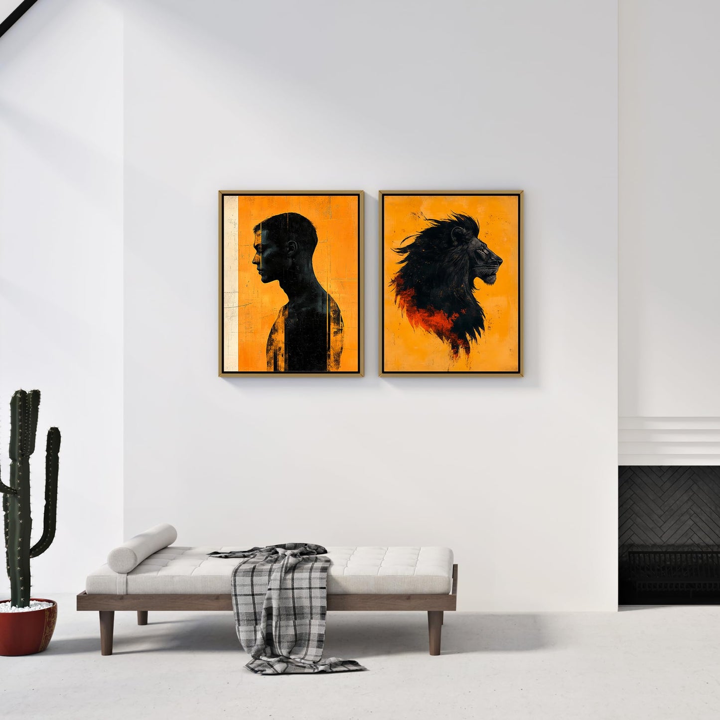 Eastern Print Set of 6 Abstract Masculine Wall Art Prints – Bold Orange & Black Lion, Silhouette, Face Line Posters – Modern Unframed 8x10 Decor for Men’s Room, Office, Man Cave or Creative Studio