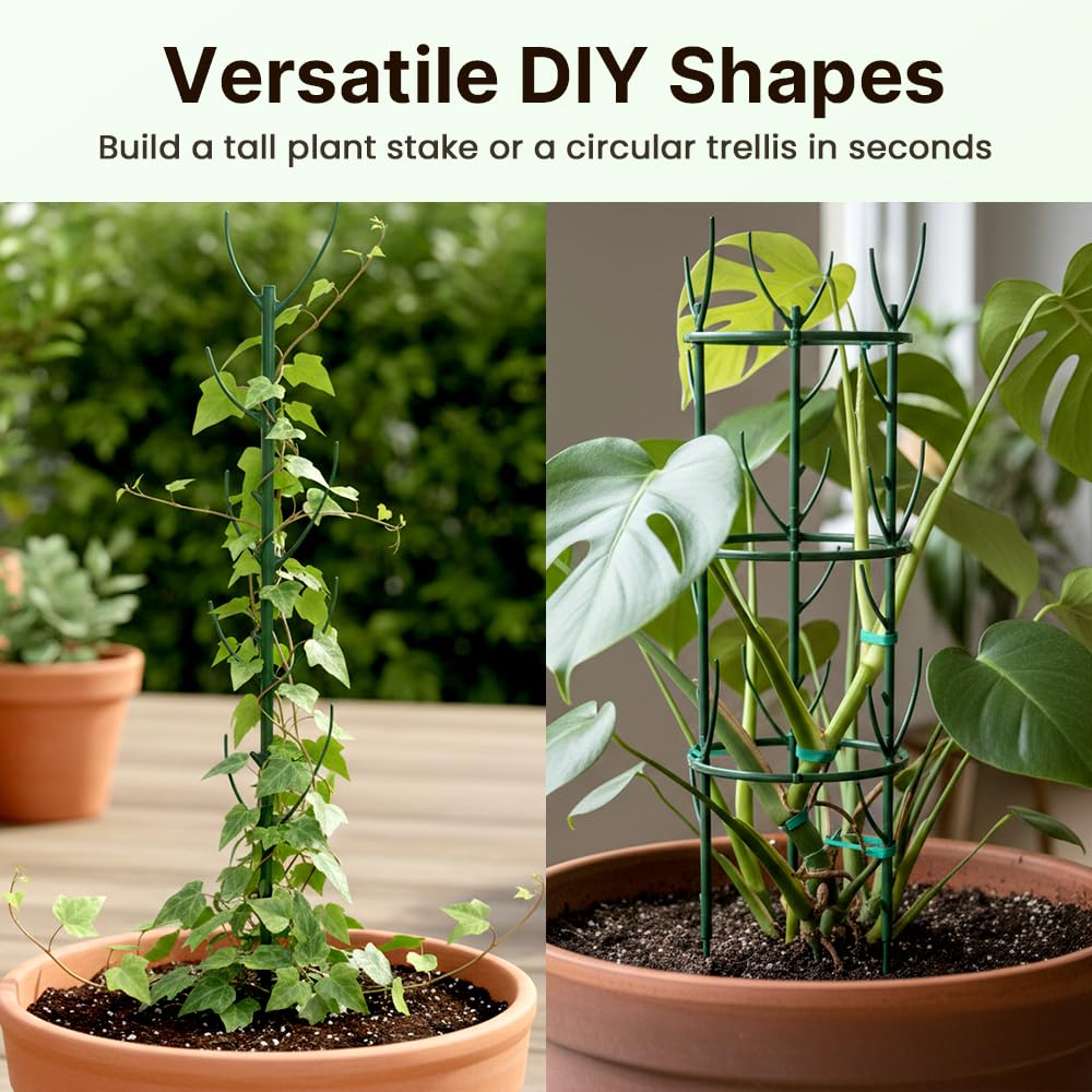 Plant Support Stakes, 12 Pack Plant Stakes for Indoor Plants, Stackable 4 Tier Durable Trellis Garden Poles for Outdoor Gardening, Plant Support Structures for Monstera Climbing Plants (Green-12Pack)