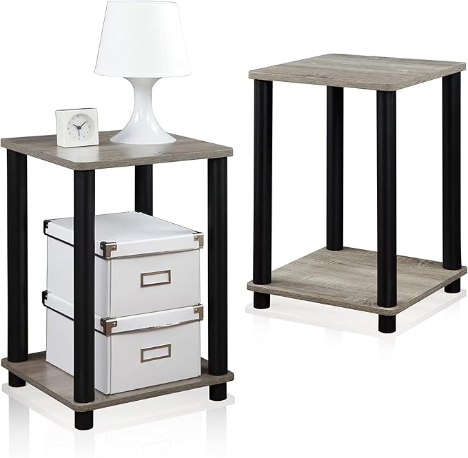 Furinno Turn-N-Tube Toolless Assembly Side Table Set of 2, Stackable 2-Tier Grey End Table with Open Shelf, Night Stand, Bedside Table, for Living Room, Bedroom, Grey Oak