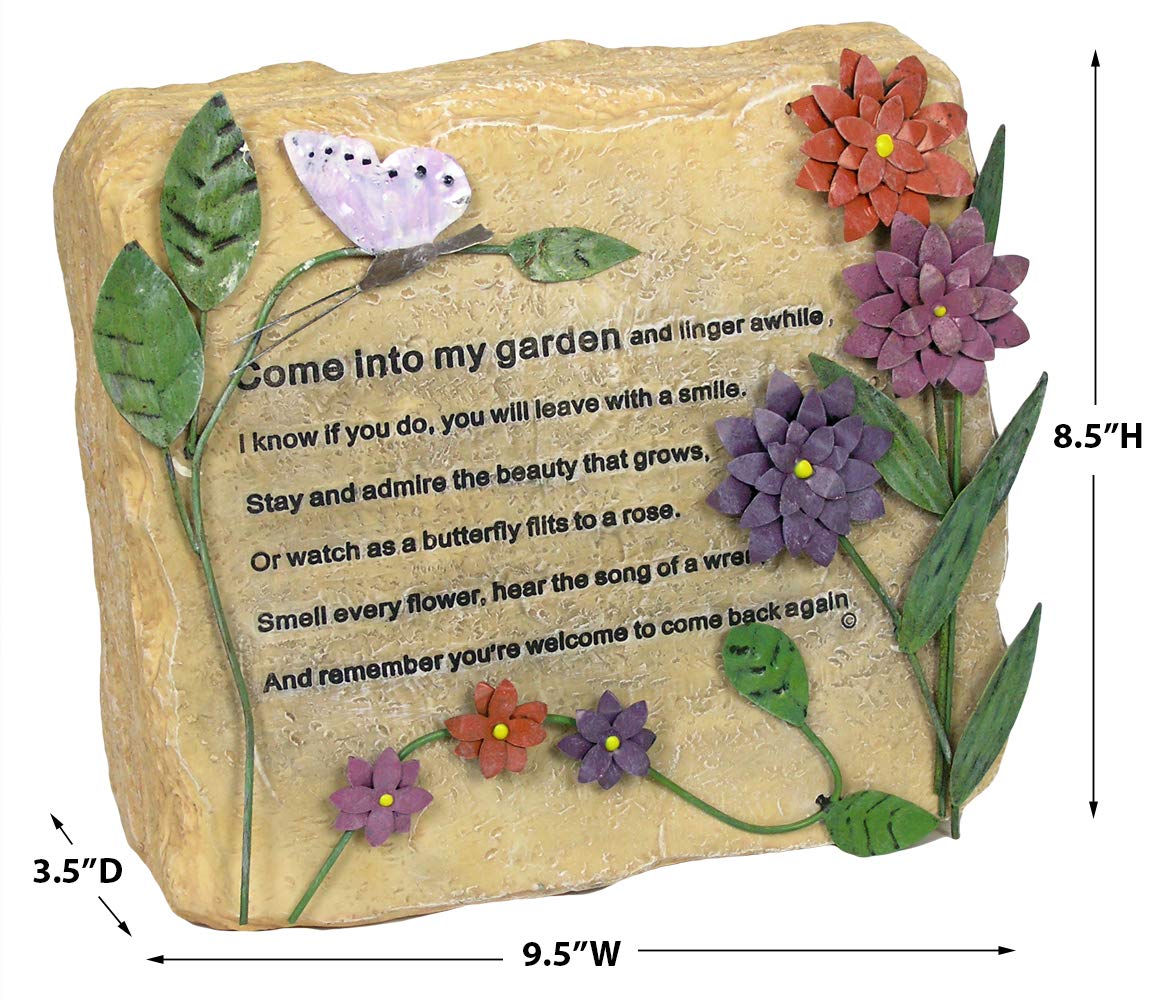 BANBERRY DESIGNS Garden Décor Decorative Rock – “Come Into My Garden” Engraved Stone with Butterfly & Floral Design – Outdoor Garden Decoration, Memorial Garden Accent, Yard Art – 9.5" x 8.5"