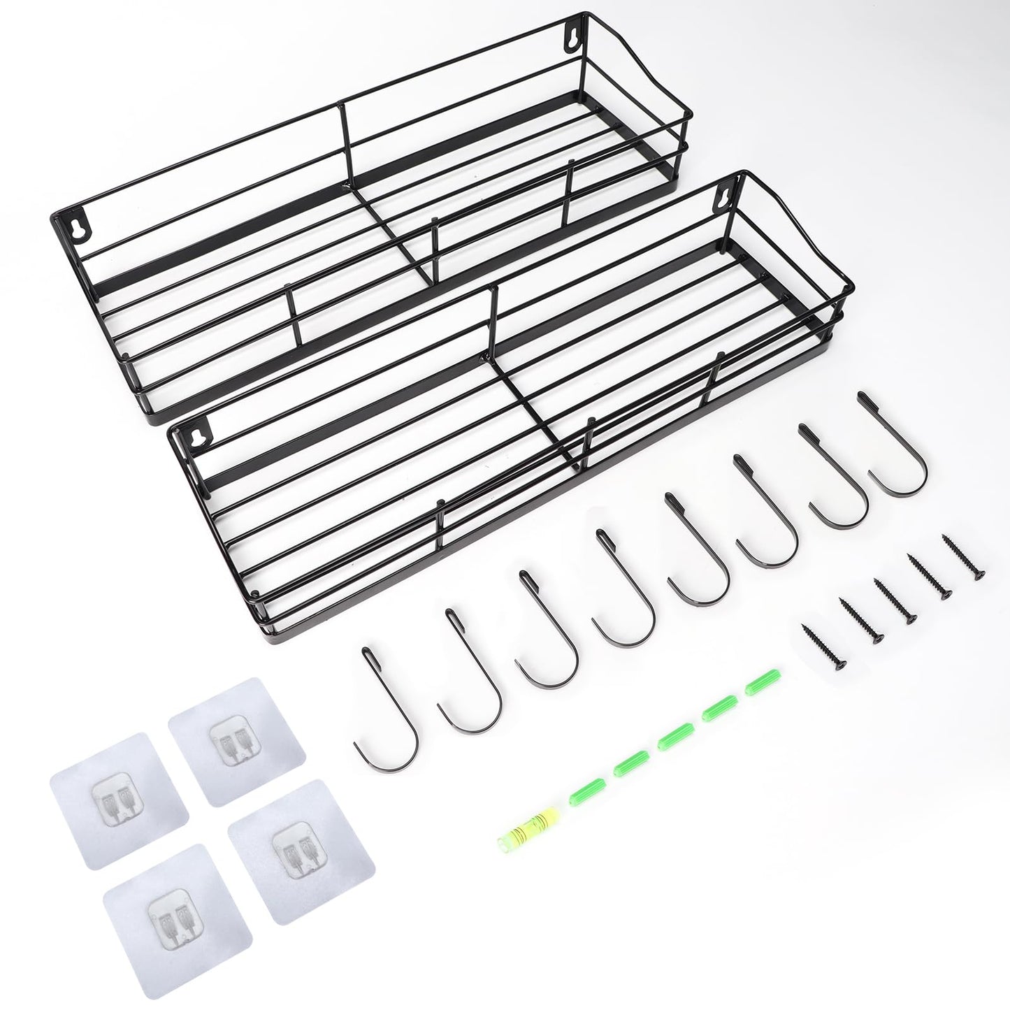 Lyeasw Black Floating Shelves Wall Mounted with 8 Removable Hanging Hooks, 15-Inch Adhesive Shower Shelf Organizer for Bathroom Kitchen Storage Rack, Set of 2