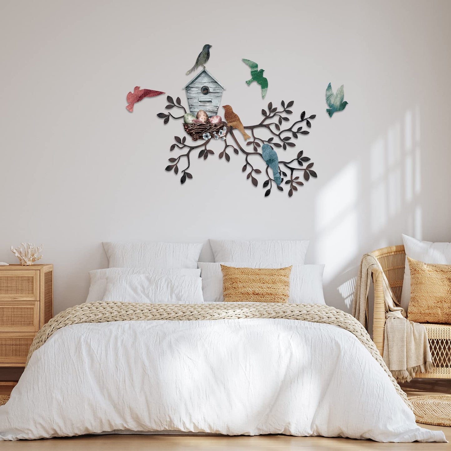 Tatuo Metal Bird Wall Art Birds on The Branch Wall Decor Hanging Metal Sculpture Silhouette Tree with Birdhouse for Living Room Tree Leaf Decor for Indoor Outdoor Garden Bedroom Office Home Party