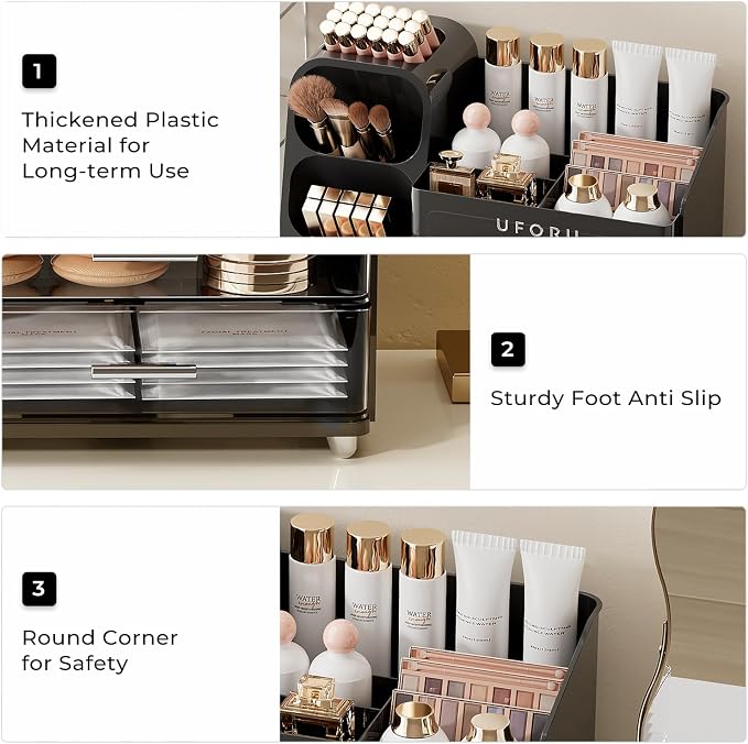 UFORU Makeup Organizer for Vanity with Brush Holder, Large Capacity Bathroom Countertop Skincare Organizer with 2 Drawers, Cosmetic Display Case for Perfumes, Eyeshadow Palettes, Nail Polishes