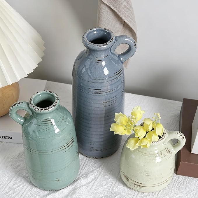 Ceramic Vase Set of 3, Vase with Handle, Modern Farmhouse Vases for Pampas Grass & Dried Flowers, Flower Vase for Table Living Room Home Decor-Multicolor