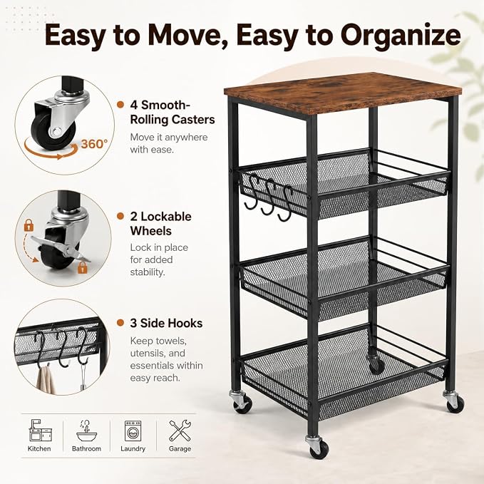 Homleke 4-Tier Rolling Kitchen Storage Cart, Utility Cart with Wooden Tabletop & Metal Baskets, Fruit Vegetable Basket for Kitchen, 3-S Hooks, Rustic Brown and Black